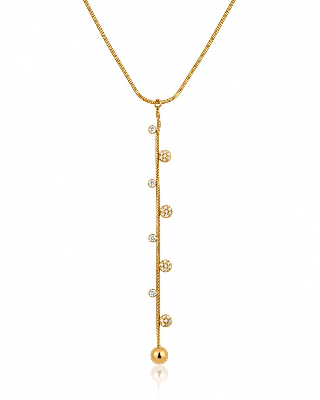 Elli Jewellery gold-plated dainty necklace featuring a vertical bar with delicate dotted accents and a smooth bead end.