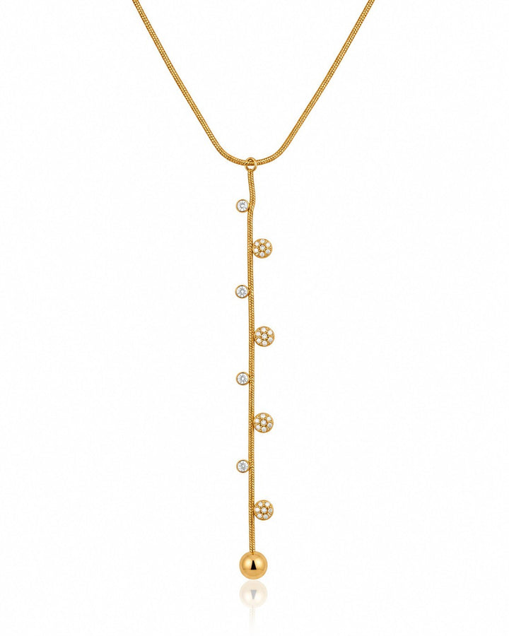 Elli Jewellery gold-plated dainty necklace featuring a vertical bar with delicate dotted accents and a smooth bead end.