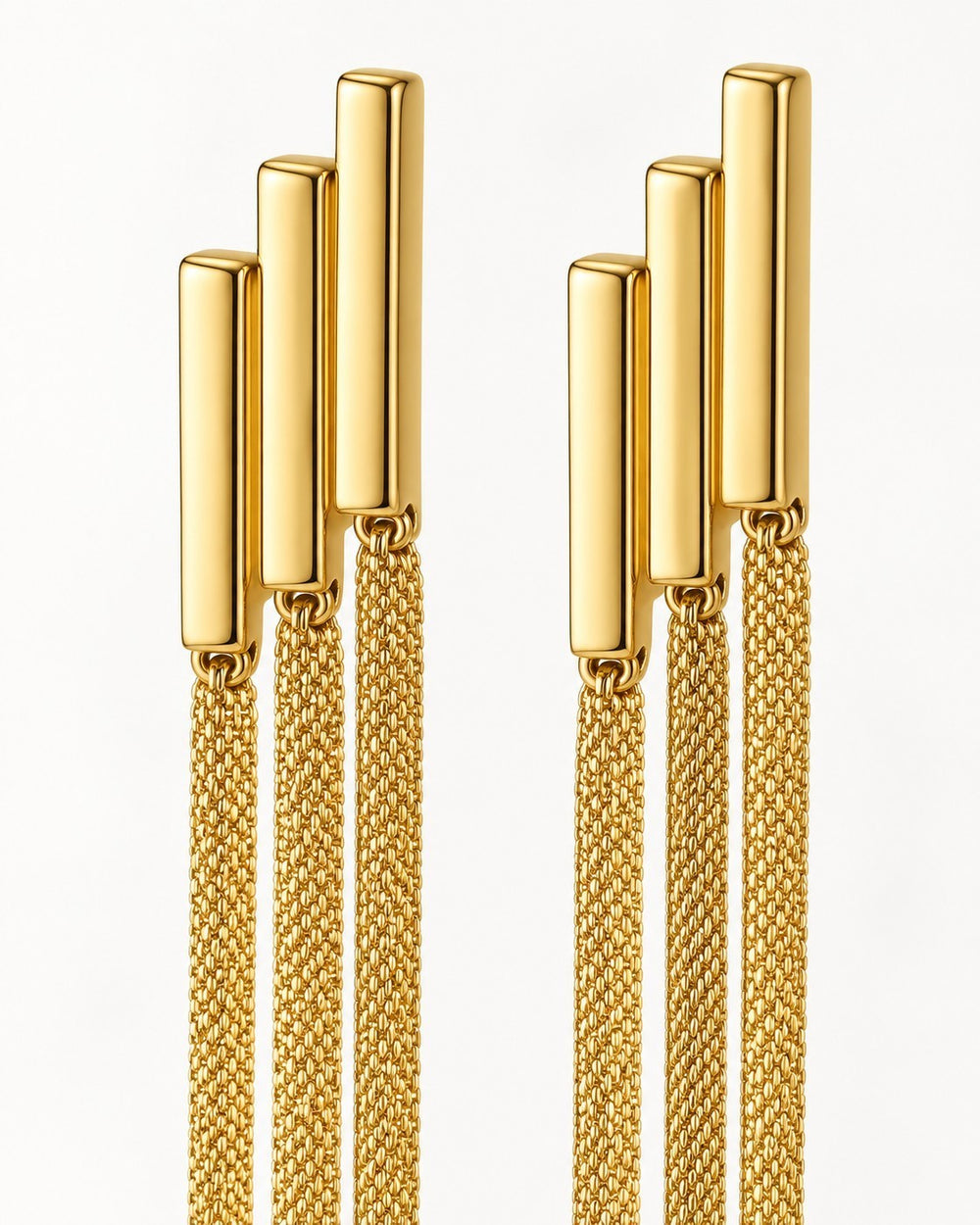 Elli Jewellery gold plated waterproof long drop chain earrings with tiered bar design and delicate mesh chains