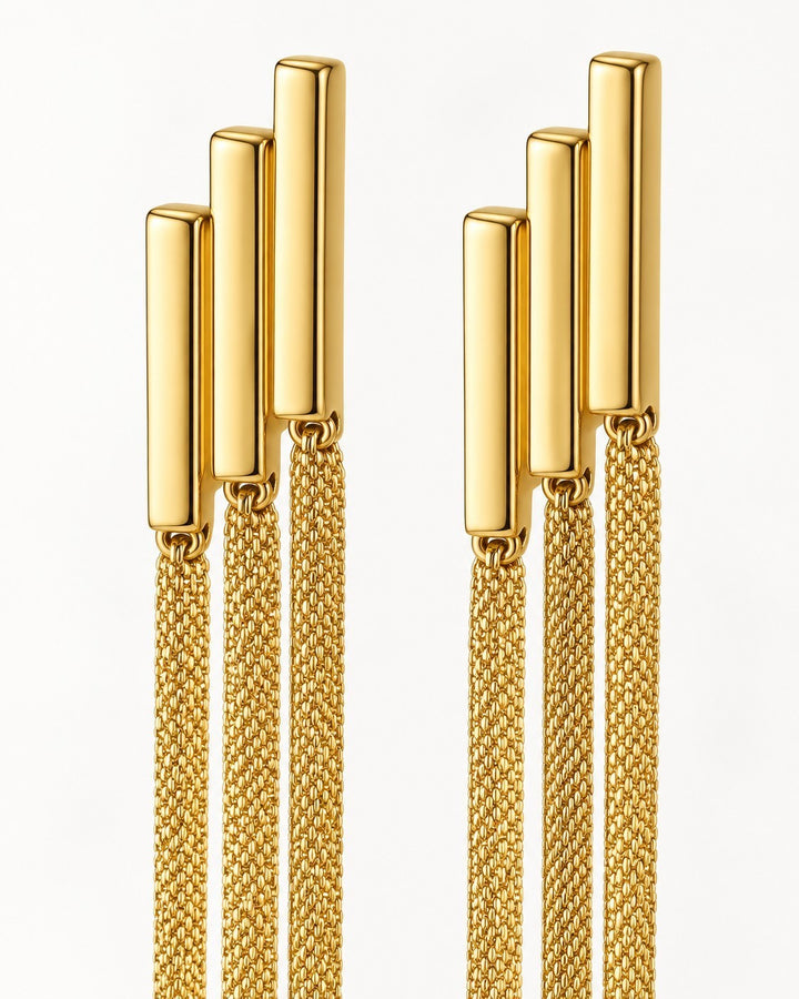 Elli Jewellery gold plated waterproof long drop chain earrings with tiered bar design and delicate mesh chains