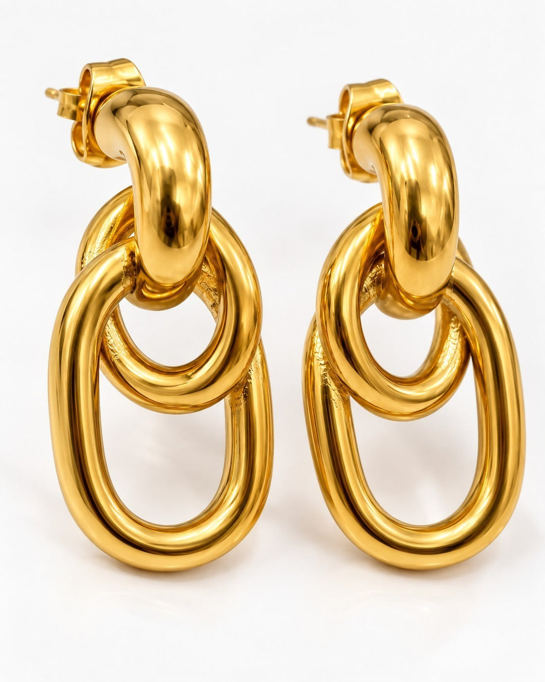 Elli Jewellery gold plated waterproof drop earrings featuring an elegant interlocking oval link design.
