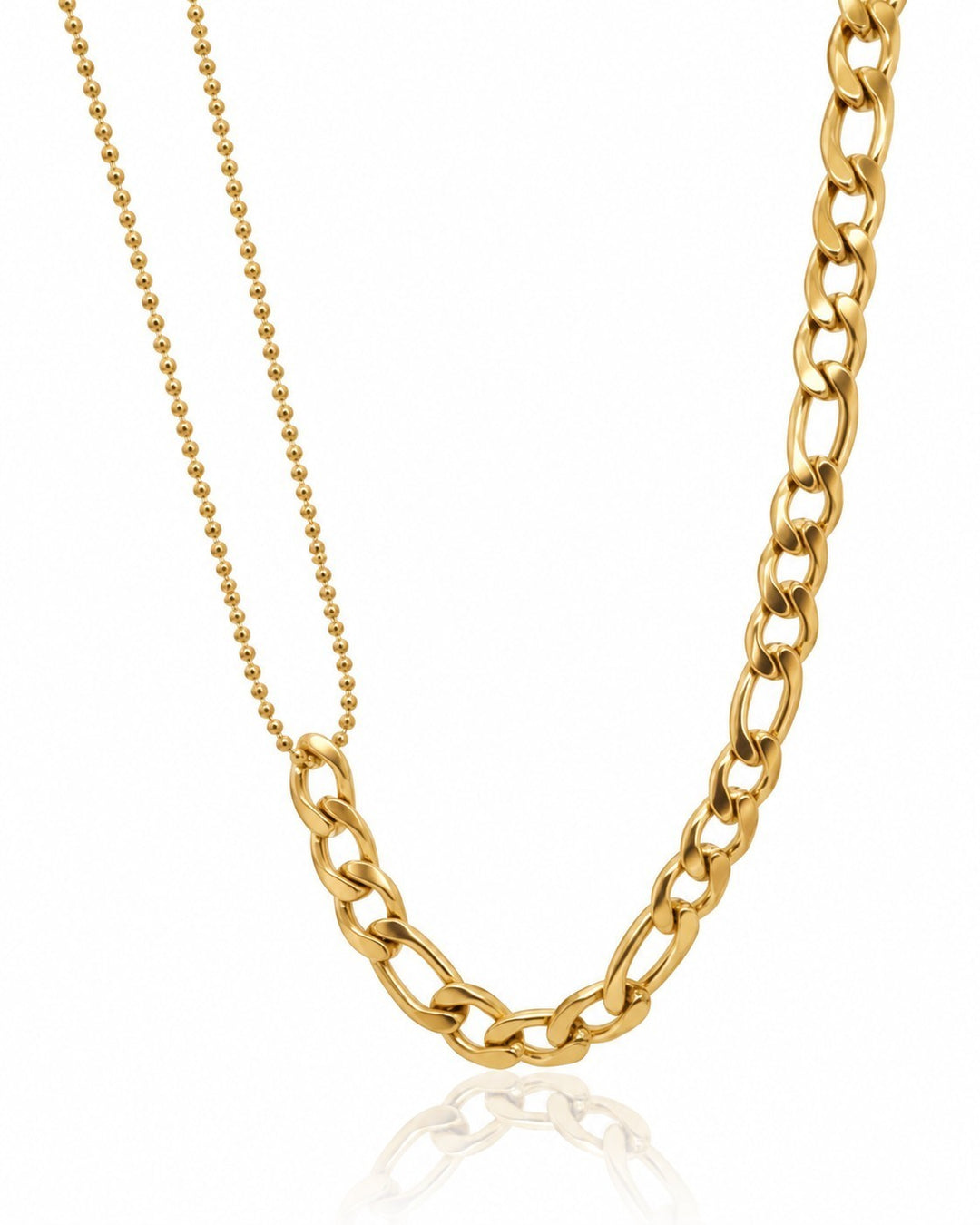 Elli Jewellery gold plated waterproof dual chain necklace featuring a delicate ball chain and classic Figaro links.