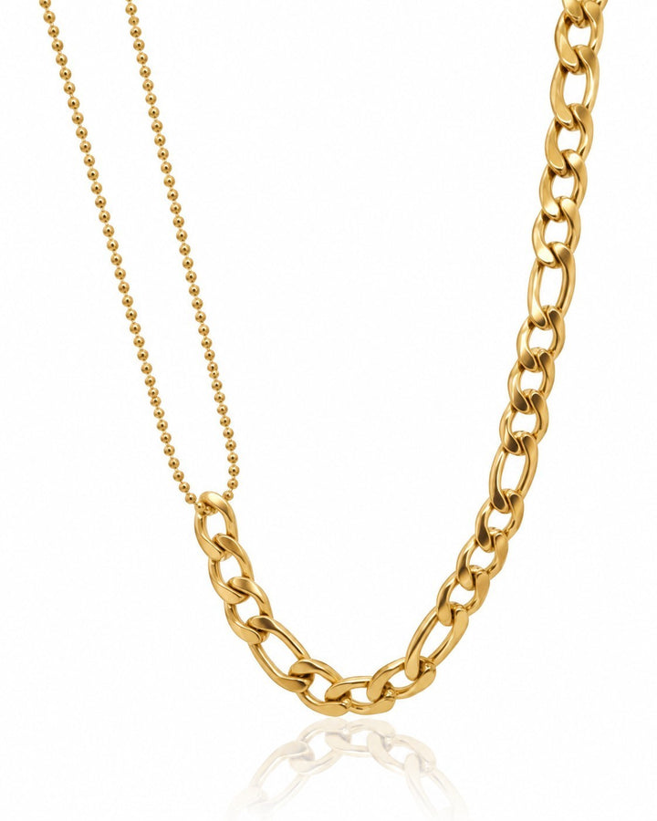 Elli Jewellery gold plated waterproof dual chain necklace featuring a delicate ball chain and classic Figaro links.