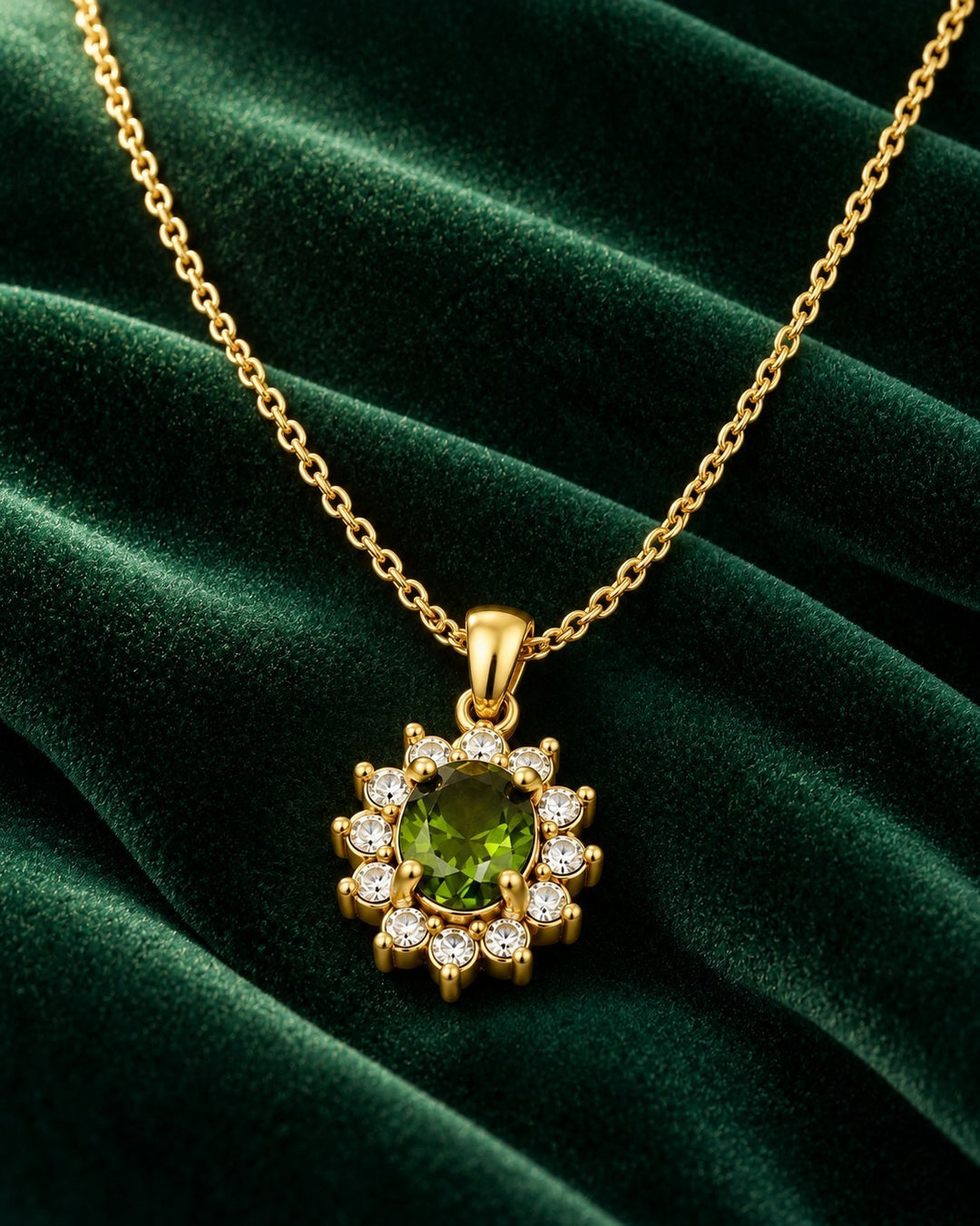Elli Jewellery gold plated necklace featuring an emerald green crystal teardrop pendant surrounded by clear stones