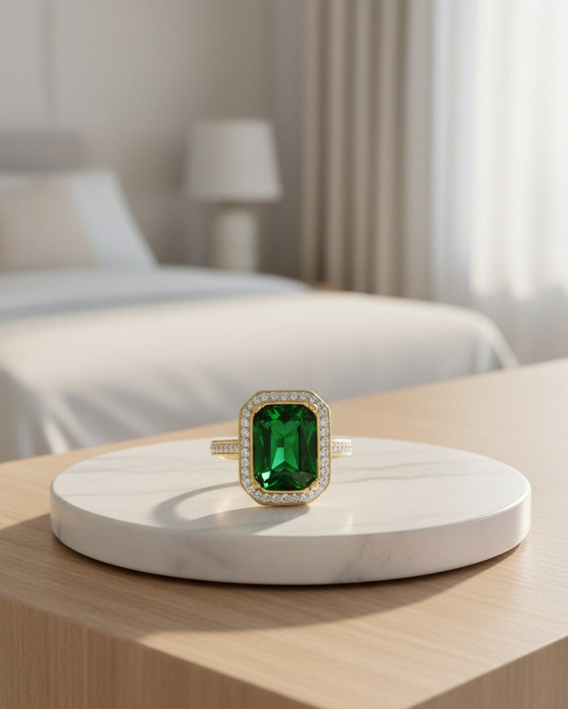 Elli Jewellery gold plated chunky ring featuring a large emerald green rectangle stone with a halo of small crystals.