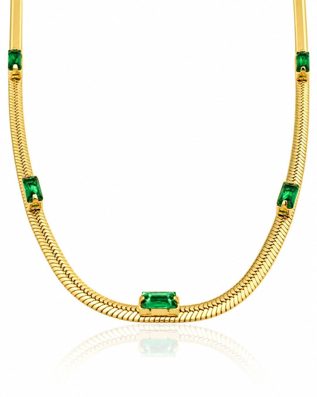 Elli Jewellery gold plated snake chain necklace featuring emerald green baguette cut crystals on a white background