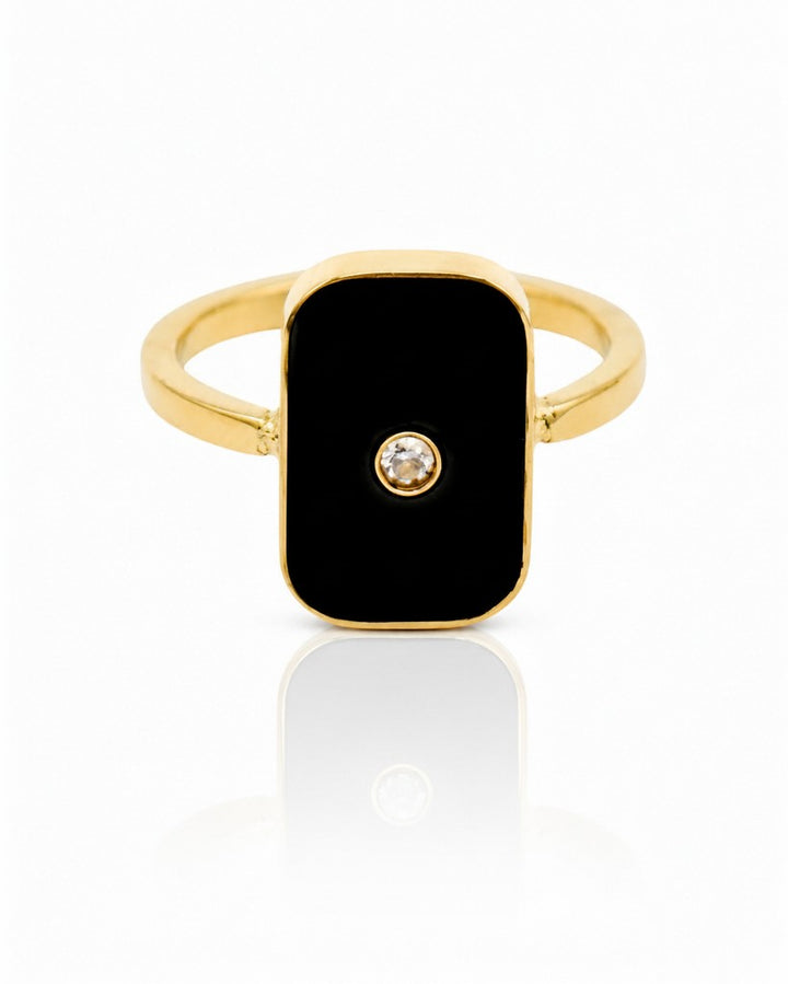 Elli Jewellery gold-plated rectangular statement ring with black enamel and a central crystal accent