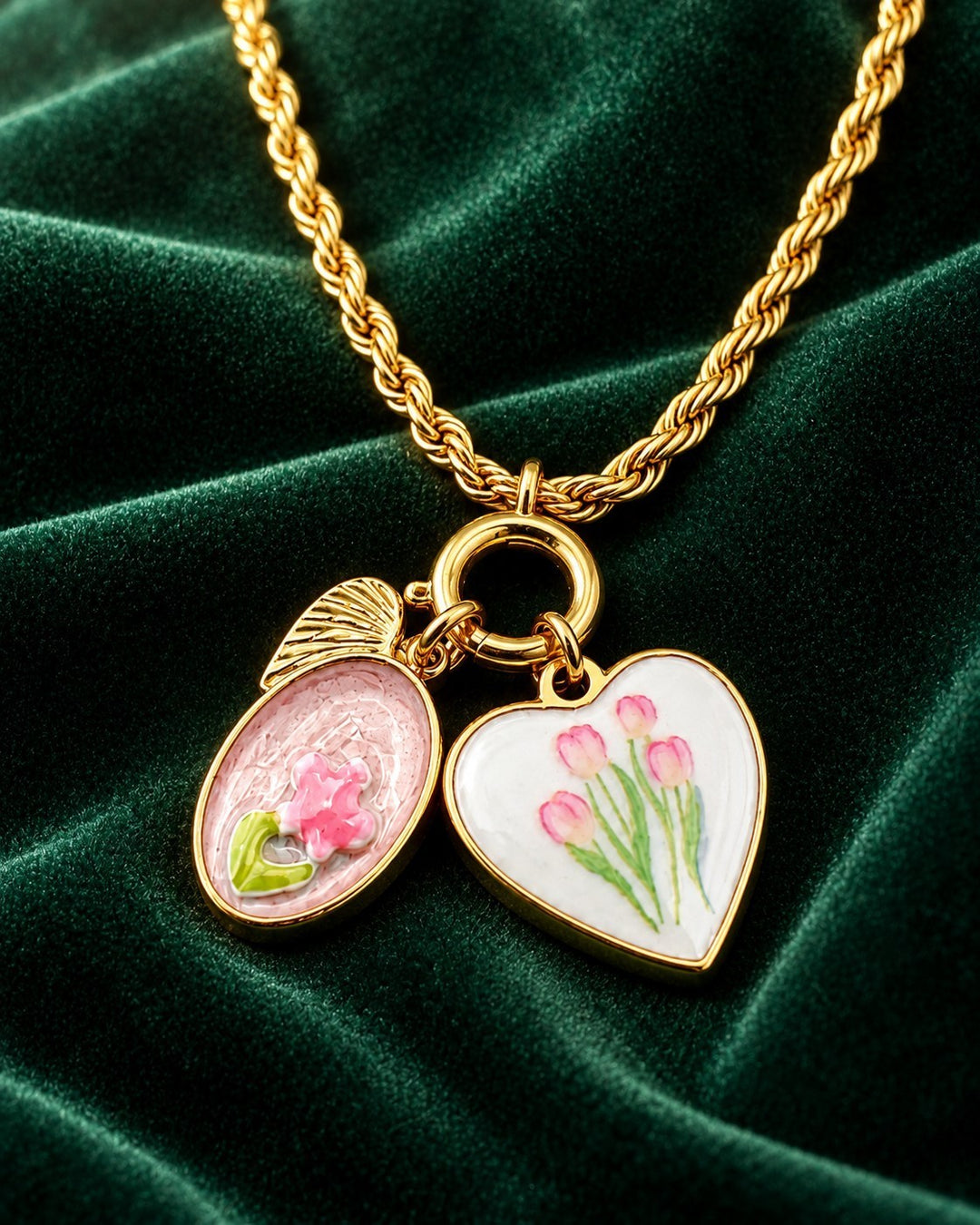 Elli Jewellery gold plated rope chain necklace featuring a heart pendant with floral enamel and a matching oval charm.