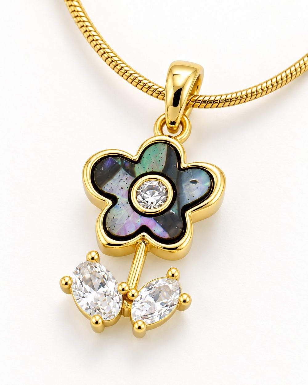 Elli Jewellery gold plated snake chain necklace with a floral pendant featuring mother of pearl and cubic zirconia