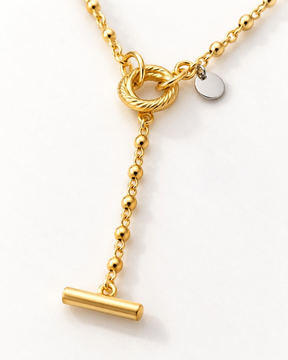 Elli Jewellery gold plated waterproof necklace featuring a geometric circle pendant and bar drop on a beaded chain