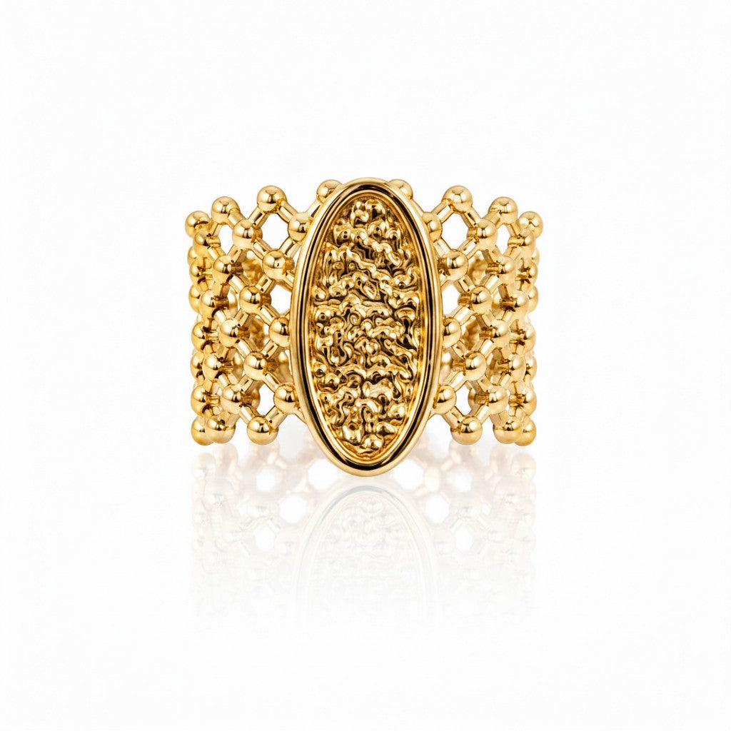 Elli Jewellery oval statement ring in 18ct gold plated metal with granulated texture and open-weave mesh band design.