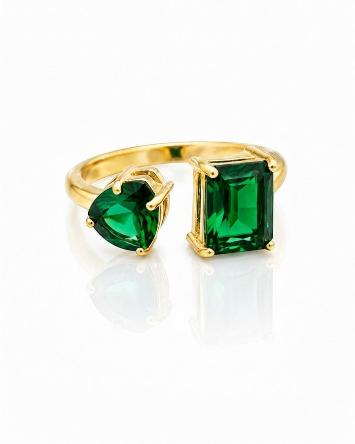 Elli Jewellery gold plated adjustable statement ring featuring a green emerald-cut and a triangular CZ crystal.