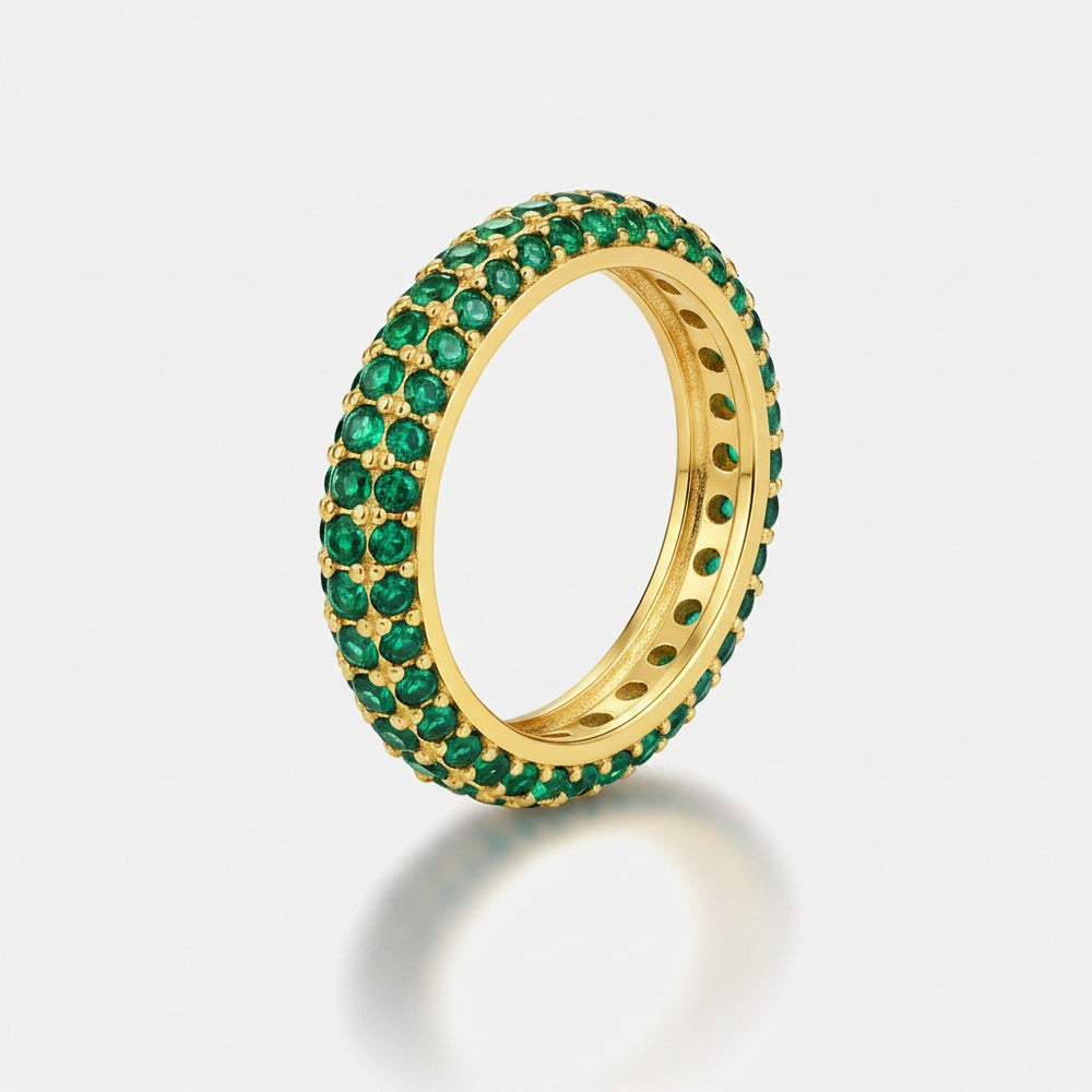 Elli Jewellery gold plated stacking ring featuring a triple row of vibrant green pavé crystals in a waterproof design