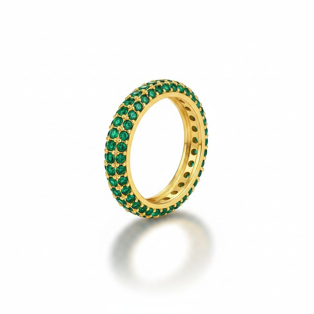 Elli Jewellery gold plated stacking ring featuring two rows of vibrant green pavé crystals in a waterproof design.