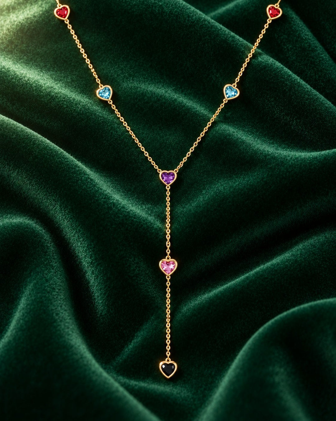 Elli Jewellery gold-plated Y-shaped necklace featuring colourful heart-shaped beads on a delicate chain