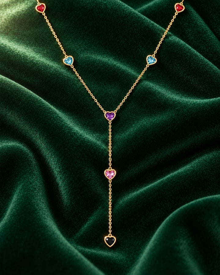 Elli Jewellery gold-plated Y-shaped necklace featuring colourful heart-shaped beads on a delicate chain