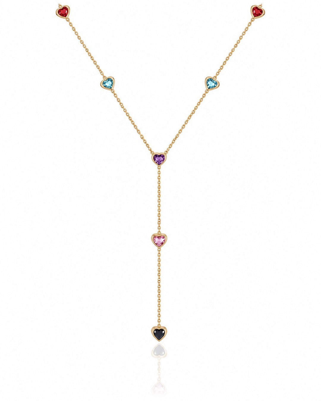 Elli Jewellery gold-plated Y-shaped necklace featuring colourful heart-shaped beads on a delicate waterproof chain.