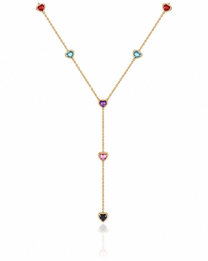 Elli Jewellery gold-plated Y-shaped necklace featuring colourful heart-shaped beads on a delicate waterproof chain.