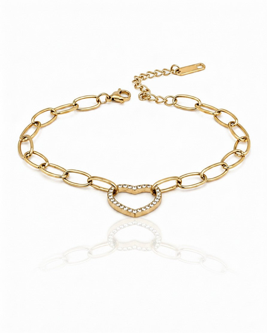 Elli Jewellery gold plated waterproof chain bracelet featuring a hollow heart charm with sparkling diamanté stones.