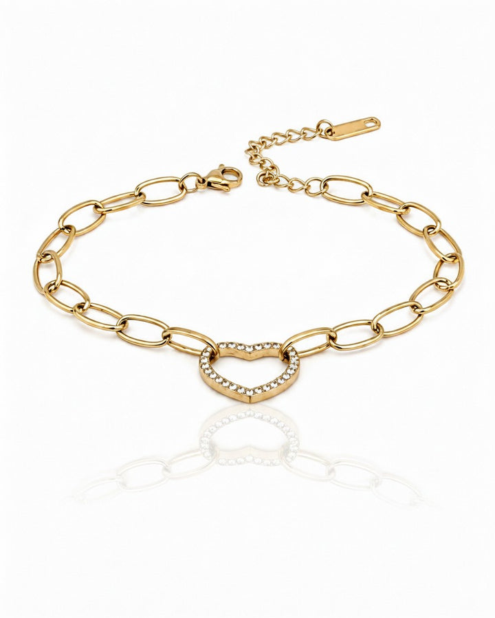Elli Jewellery gold plated waterproof chain bracelet featuring a hollow heart charm with sparkling diamanté stones.