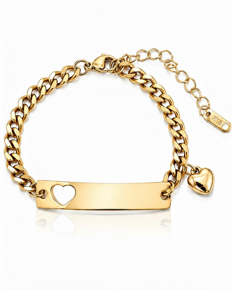 Elli Jewellery gold plated waterproof ID bracelet featuring a heart cutout and a small heart charm on a curb chain.