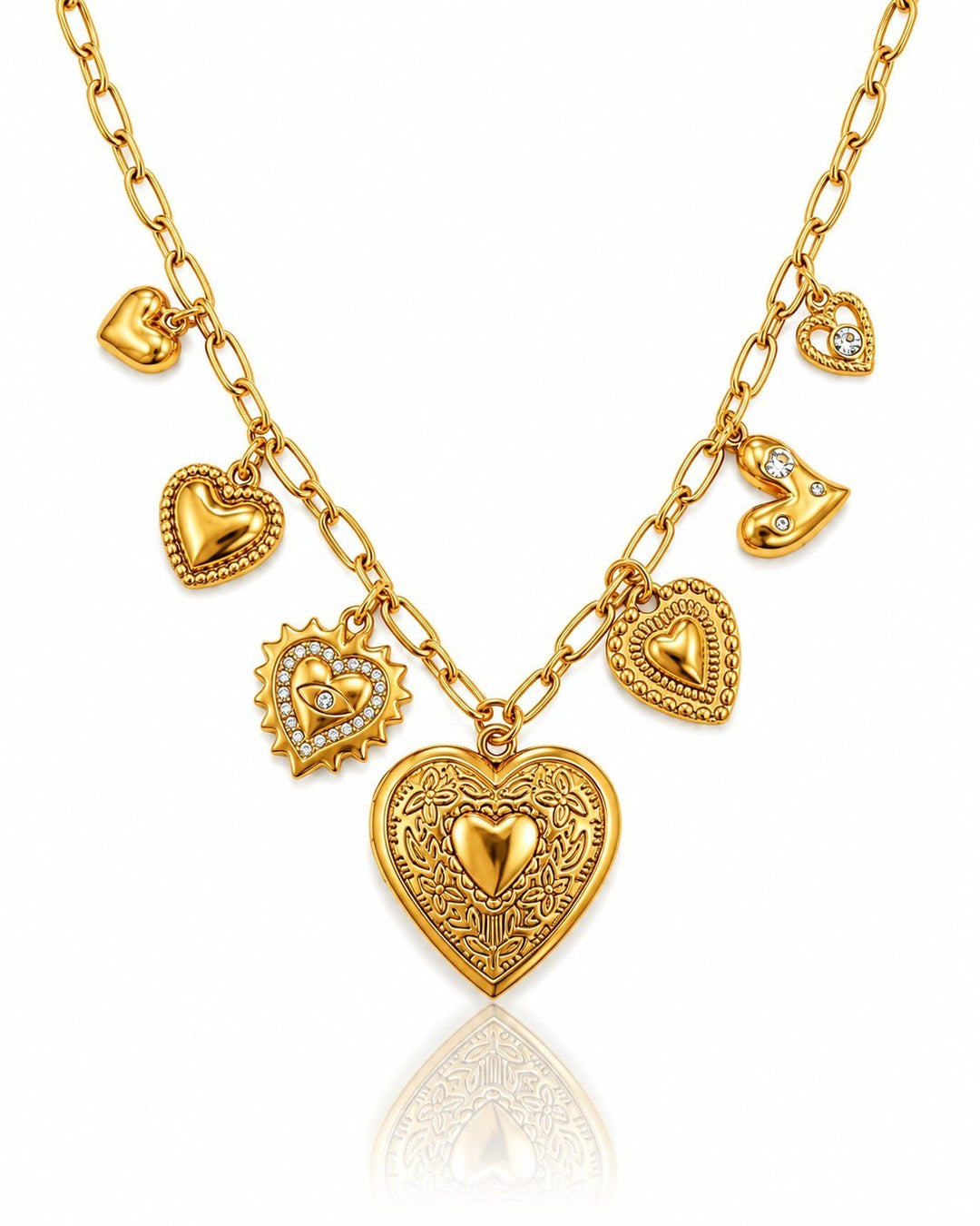 Elli Jewellery gold plated heart locket charm necklace with multiple heart pendants and delicate chain