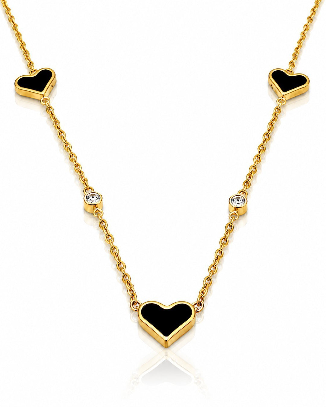 Elli Jewellery gold plated necklace featuring three darkened heart pendants and two clear stones on a delicate chain