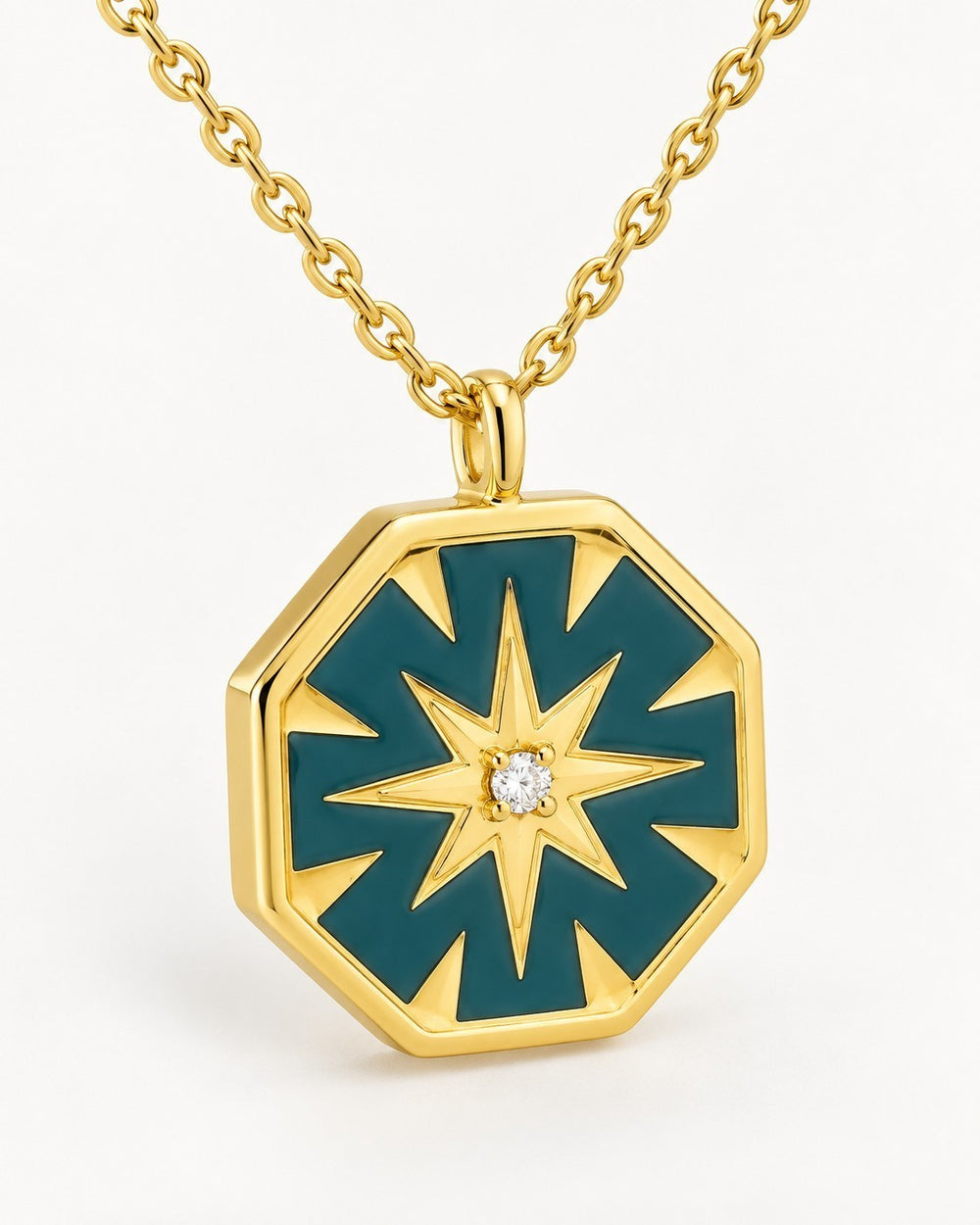 Elli Jewellery gold plated hexagon pendant necklace with mint green enamel inlay and a central sparkling stone