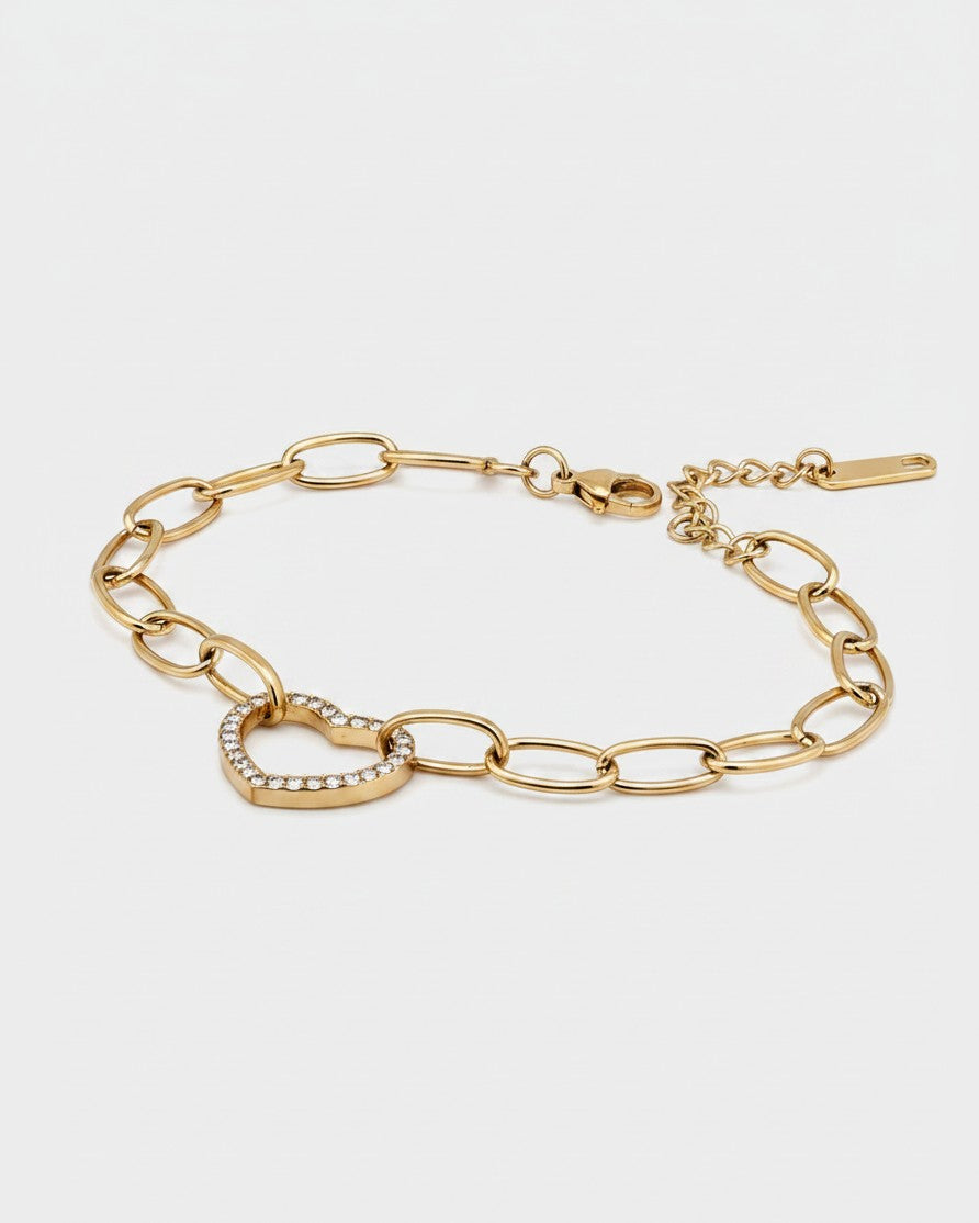 Elli Jewellery gold plated waterproof chain bracelet featuring a hollow heart charm with sparkling diamanté stones.
