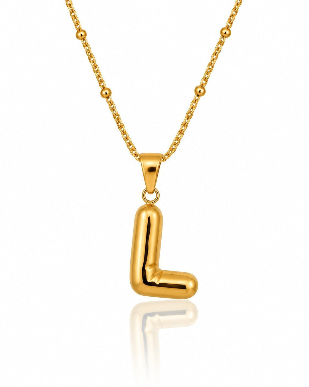 Elli Jewellery gold plated chunky chain necklace featuring a bold, polished letter L pendant on a bead-accented chain.