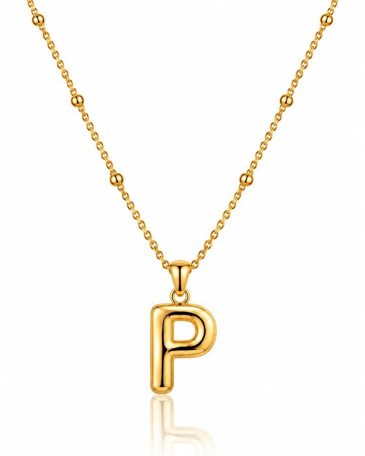 Elli Jewellery gold plated chunky initial P pendant necklace on a beaded chain, waterproof and tarnish-free design.