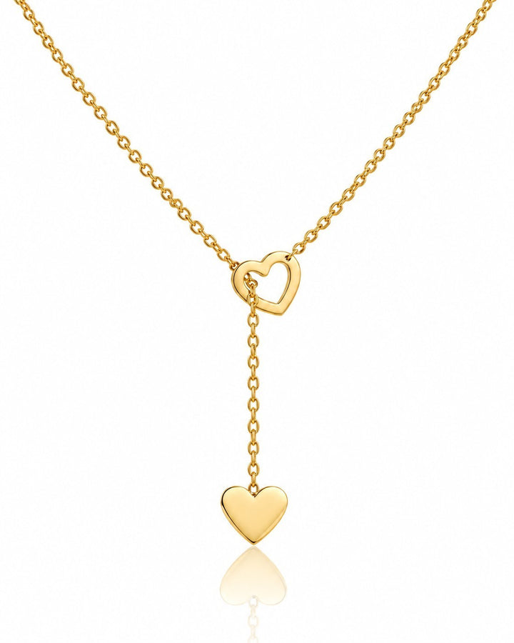 Elli Jewellery gold plated waterproof necklace featuring two interlocking hearts on a delicate threaded chain