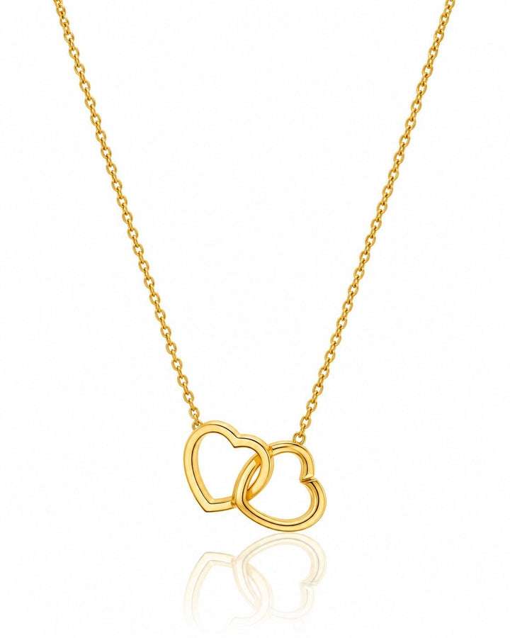 Elli Jewellery gold plated waterproof necklace featuring two delicate intertwined hearts on a fine chain.