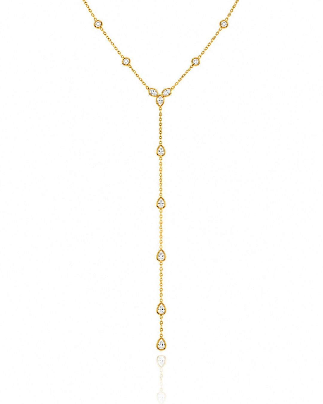 Elli Jewellery gold plated lariat necklace with a Y-shaped drop design featuring delicate bezel-set crystal stones.