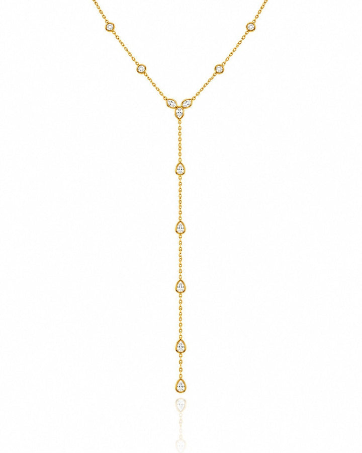 Elli Jewellery gold plated lariat necklace with a Y-shaped drop design featuring delicate bezel-set crystal stones.