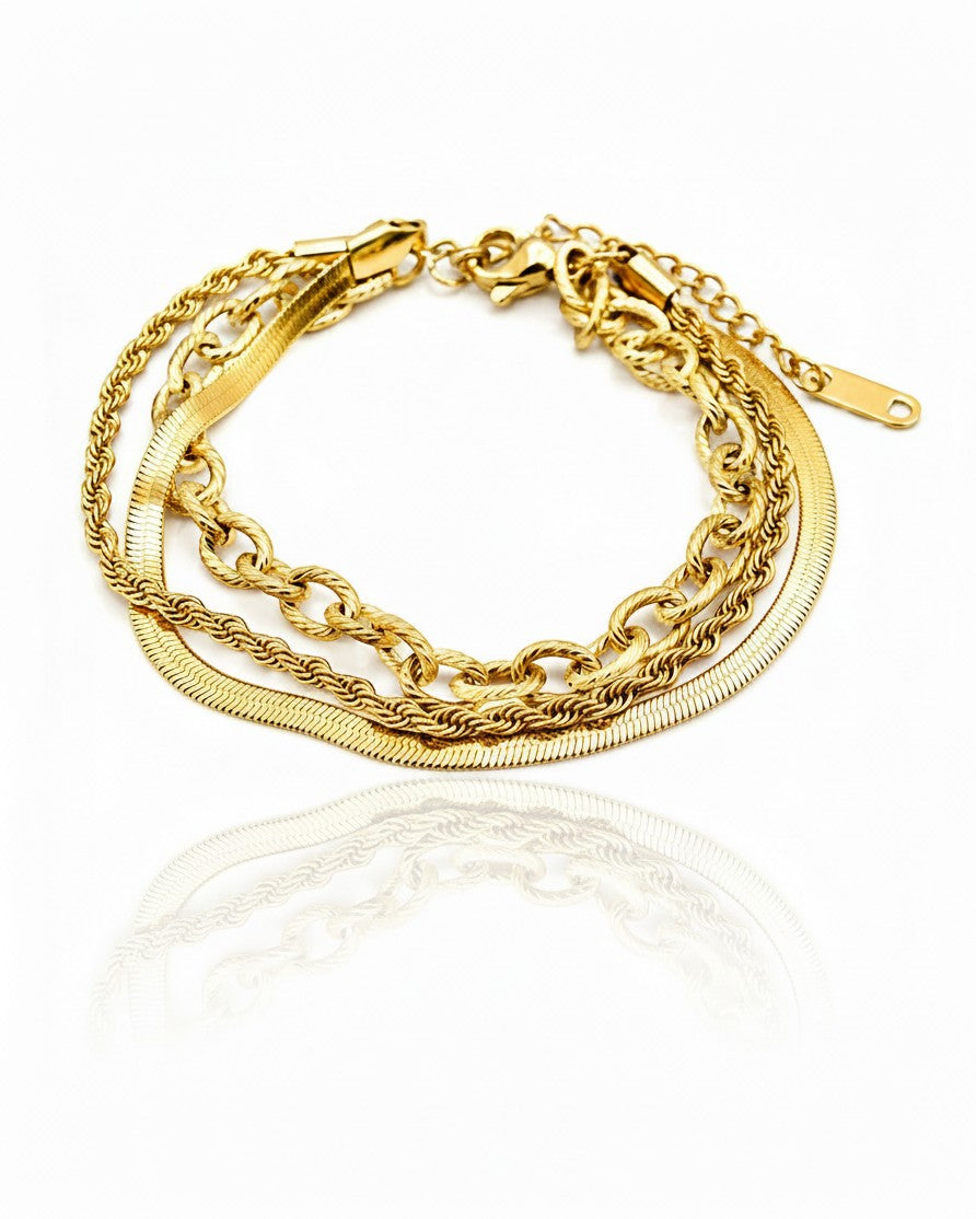Elli Jewellery gold plated waterproof multi-layered chain bracelet with mixed textures and a secure clasp