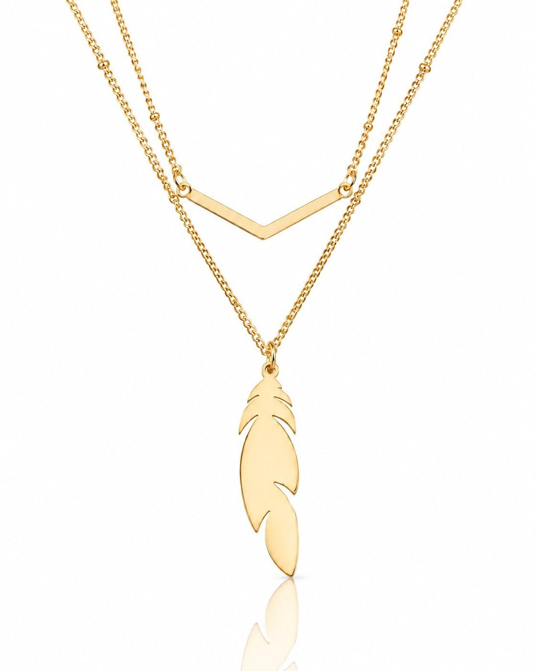 Elli Jewellery gold plated layered necklace featuring a delicate leaf charm on a fine double chain design.