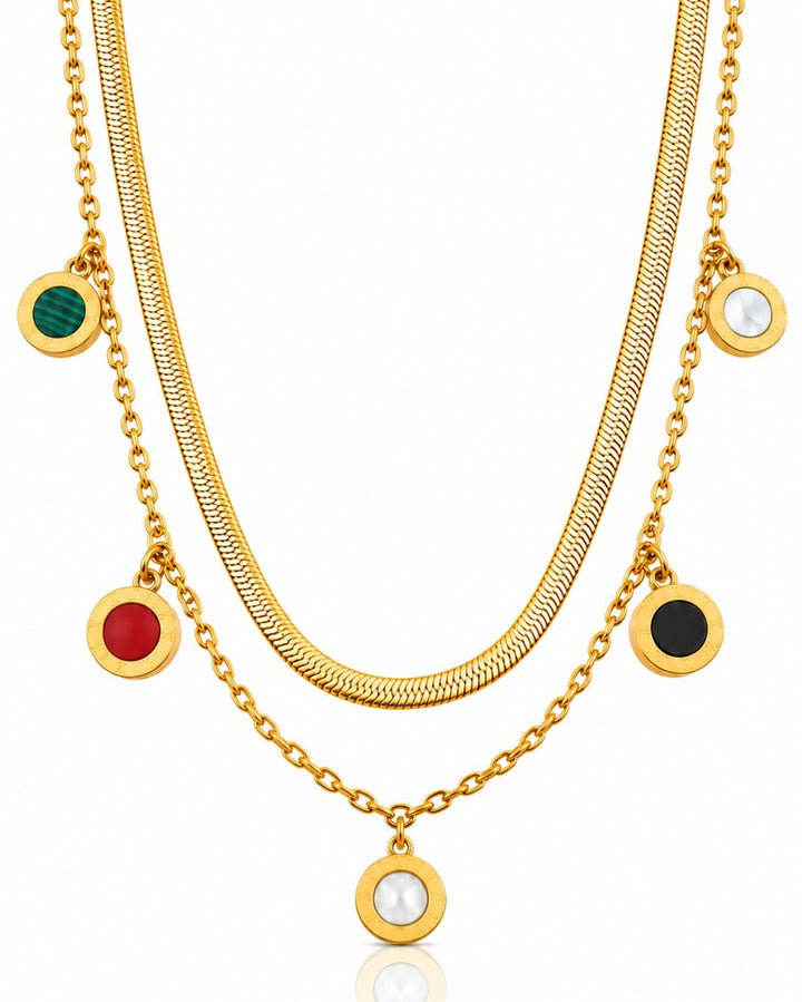 Elli Jewellery gold plated layered snake chain necklace set with vibrant multicoloured circular beaded charms