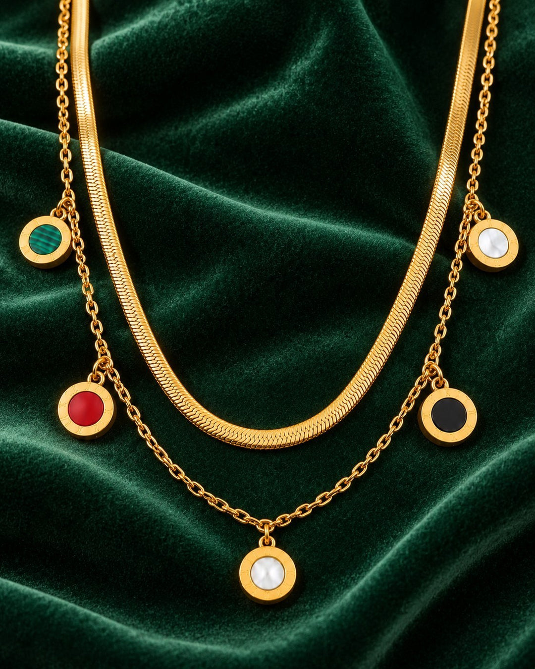 Elli Jewellery gold plated layered snake chain necklace with vibrant multicoloured circular beaded charms