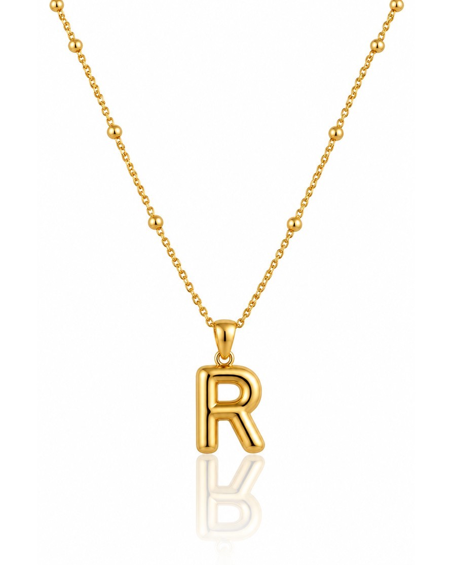 Elli Jewellery gold plated chunky letter R initial pendant necklace with a delicate beaded chain.