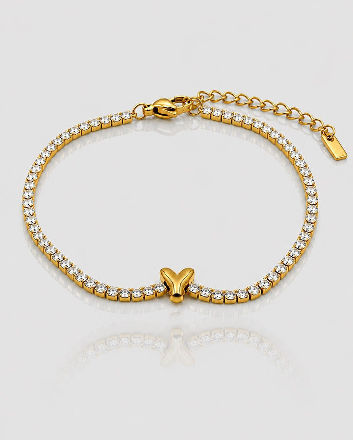 Elli Jewellery gold plated tennis bracelet featuring a letter Y charm with sparkling crystals on a delicate chain.
