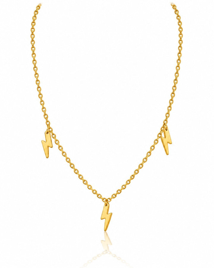 Elli Jewellery gold plated waterproof necklace featuring three delicate lightning bolt charms on a fine chain
