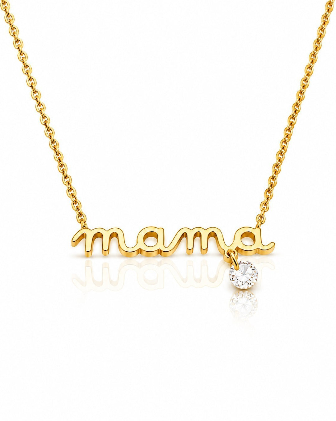 Elli Jewellery gold plated MAMA script pendant necklace with a dainty crystal charm on a fine chain