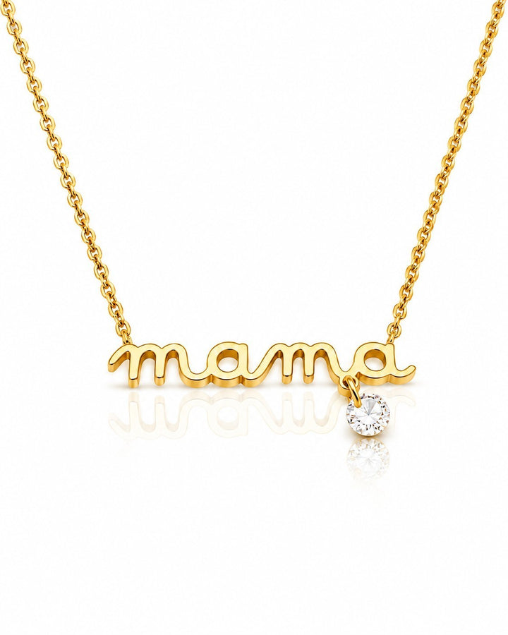 Elli Jewellery gold plated MAMA script pendant necklace with a dainty crystal charm on a fine chain