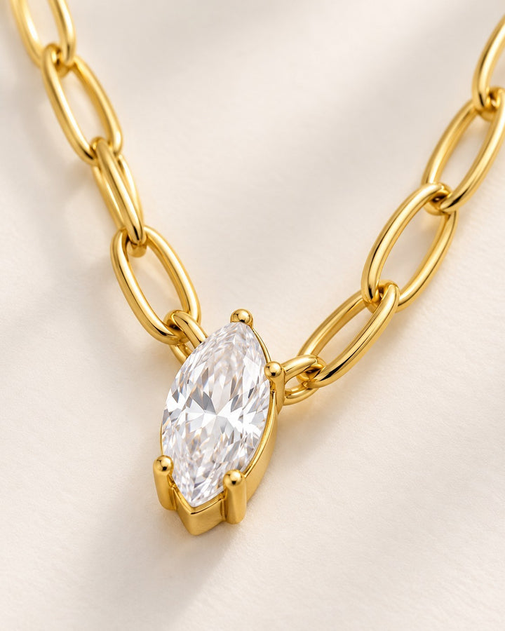 Elli Jewellery gold plated waterproof chain necklace featuring a marquise cut crystal pendant on a link chain