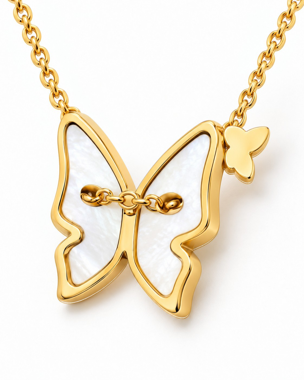 Elli Jewellery gold plated necklace featuring an iridescent mother of pearl butterfly pendant on a delicate chain.