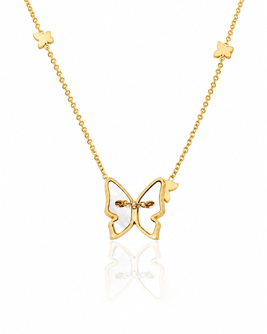 Elli Jewellery gold plated necklace featuring a mother of pearl butterfly pendant and small butterfly chain accents.