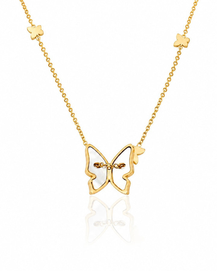 Elli Jewellery gold plated necklace featuring a mother of pearl butterfly pendant and small butterfly chain accents.