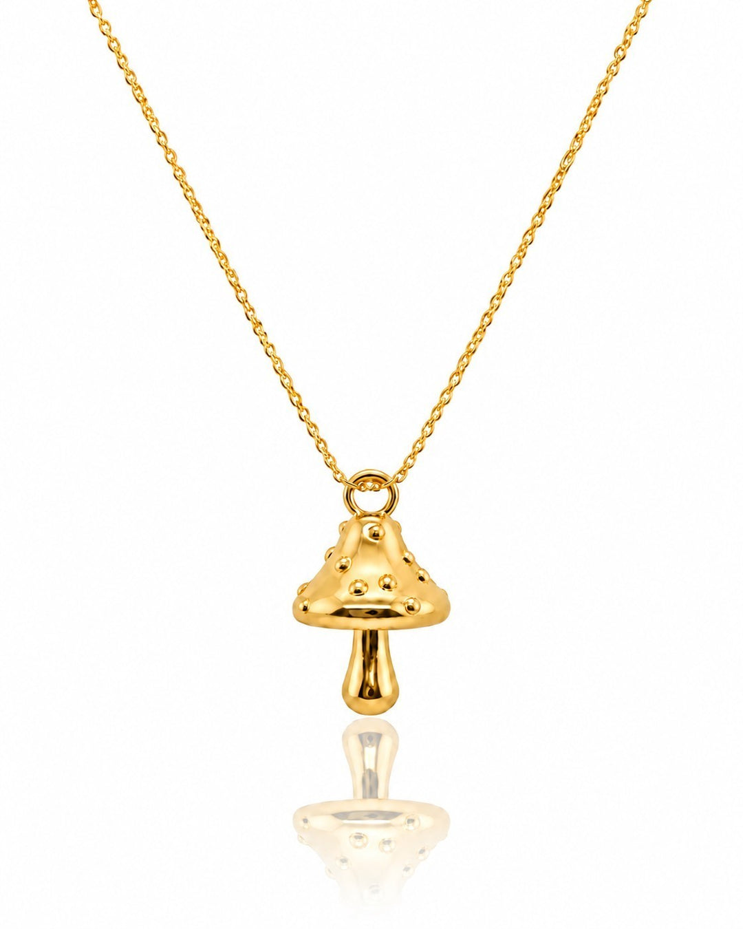 Elli Jewellery gold plated mushroom charm pendant necklace with a delicate chain, waterproof and tarnish-free design.