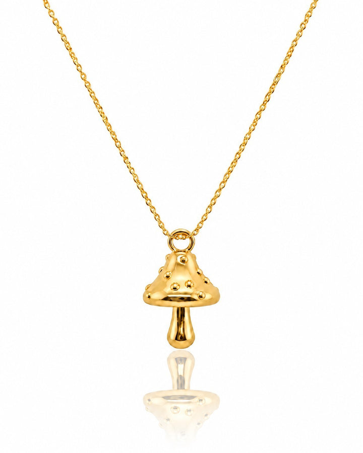 Elli Jewellery gold plated mushroom charm pendant necklace with a delicate chain, waterproof and tarnish-free design.